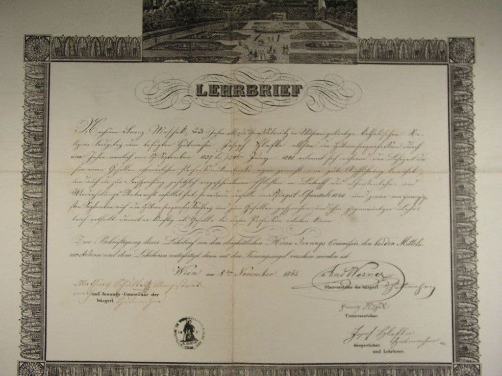 Vídeň, výuční list z roku 1841 s vedutou