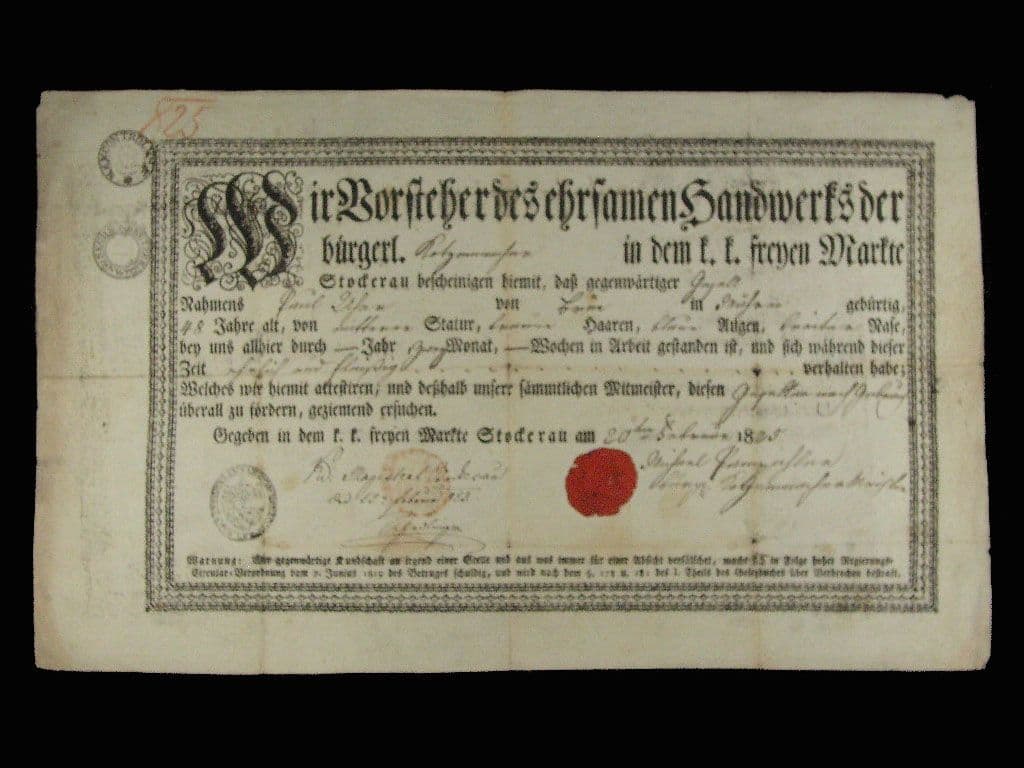 Stockerau, výuční list z roku 1825