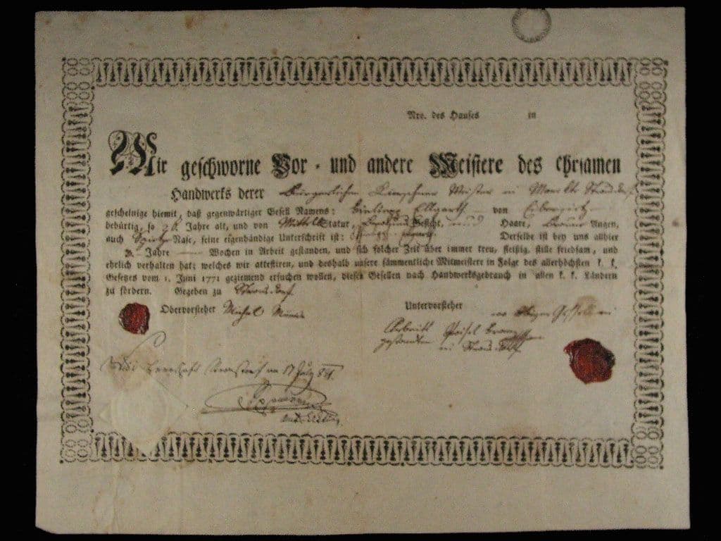Stransdorf, výuční list z roku 1821