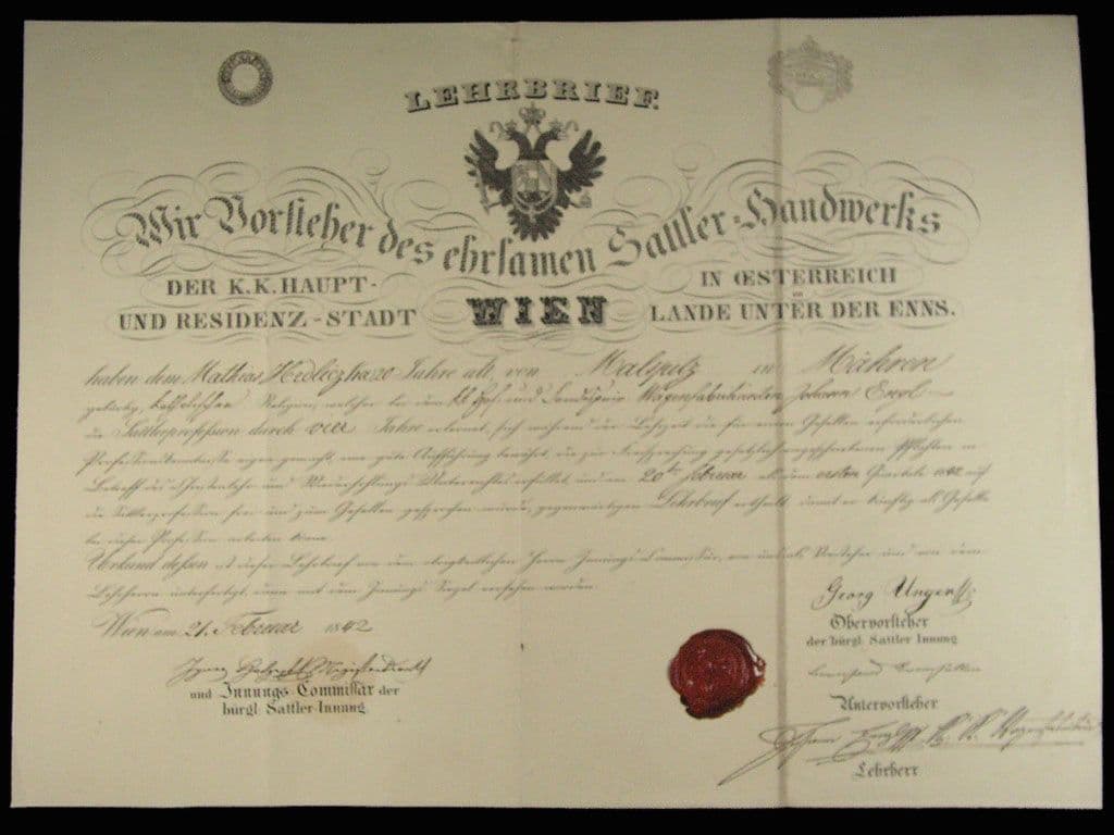Vídeň, výuční list z roku 1842