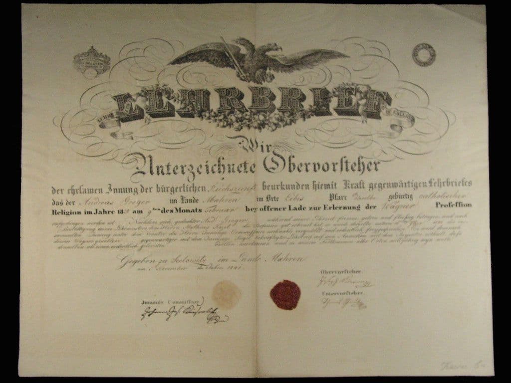 Židlochovice (Seelowitz), výuční list z roku 1841