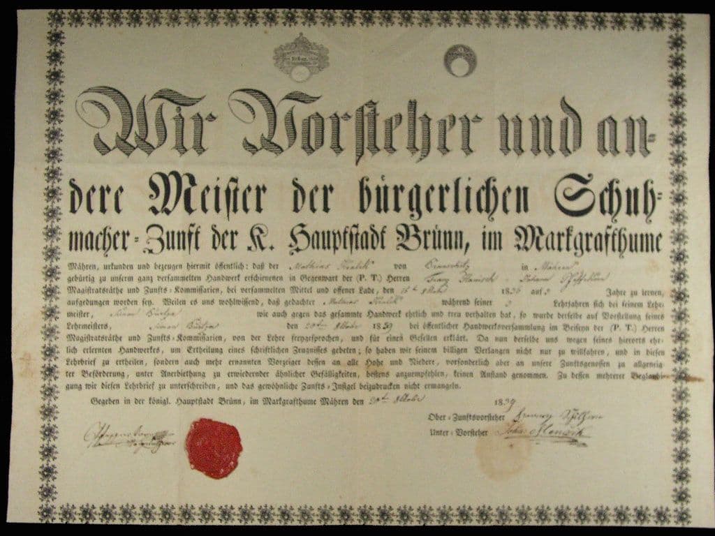 Brno, výuční list z roku 1839