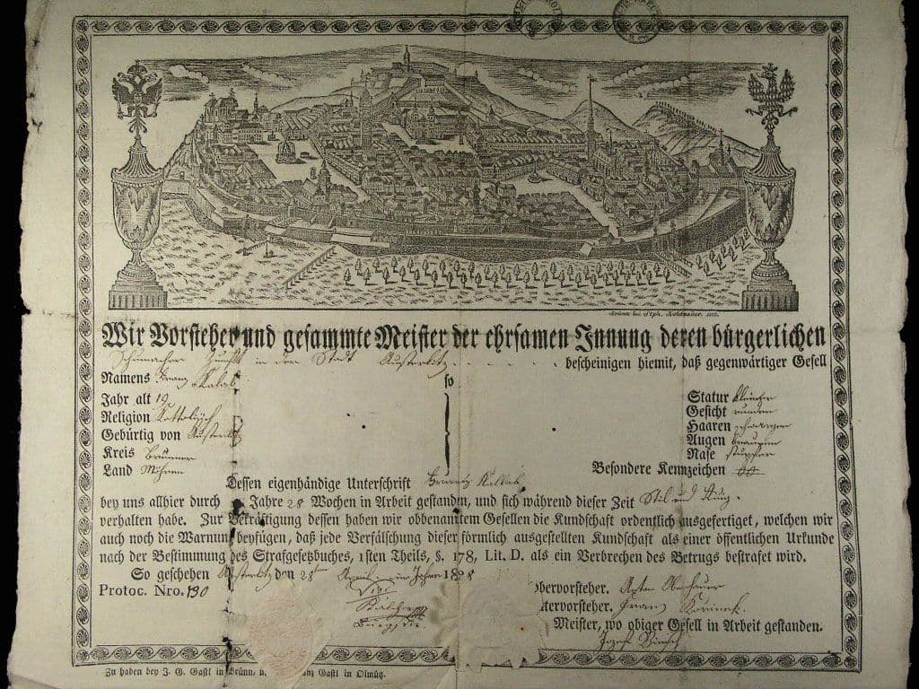 Brno, výuční list z roku 1828 s vedutou Brna
