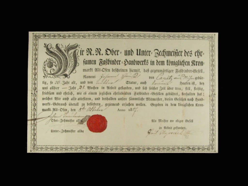 Ofen, výuční list z roku 1817