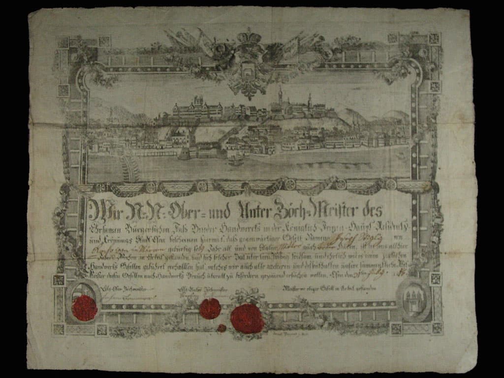 Ofen, výuční list z roku 1816 s vedutou, dekorativní