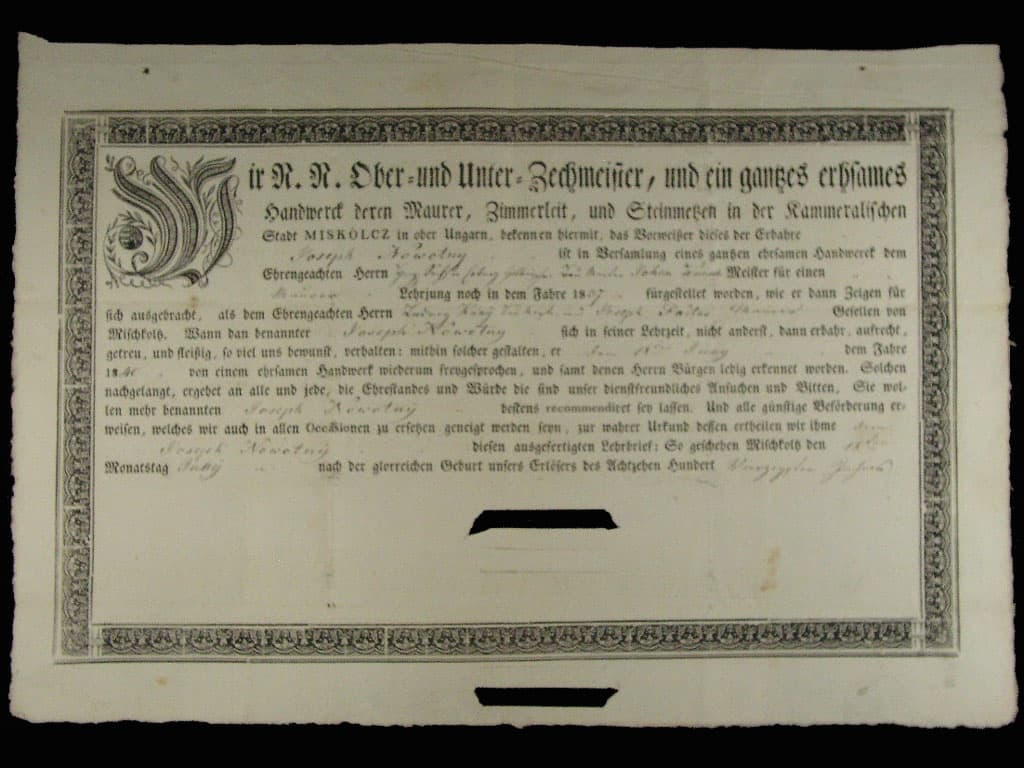 Miskolc, výuční list z roku 1846