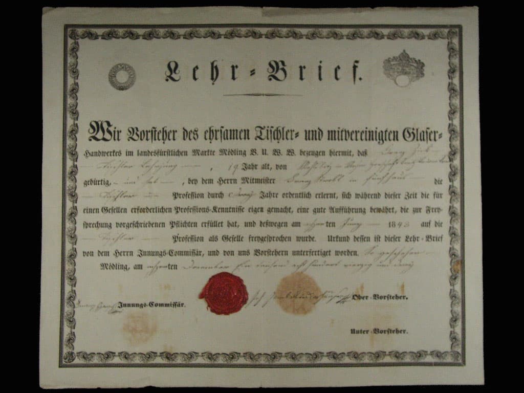 Mödling (Rakousko), výuční list z roku 1843