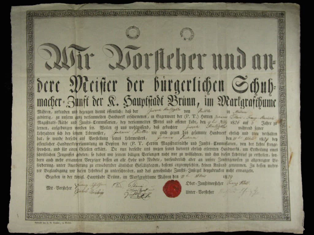 Brno, výuční list z roku 1829