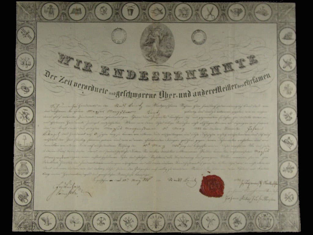 Brno, výuční list z roku 1835, dekorativní