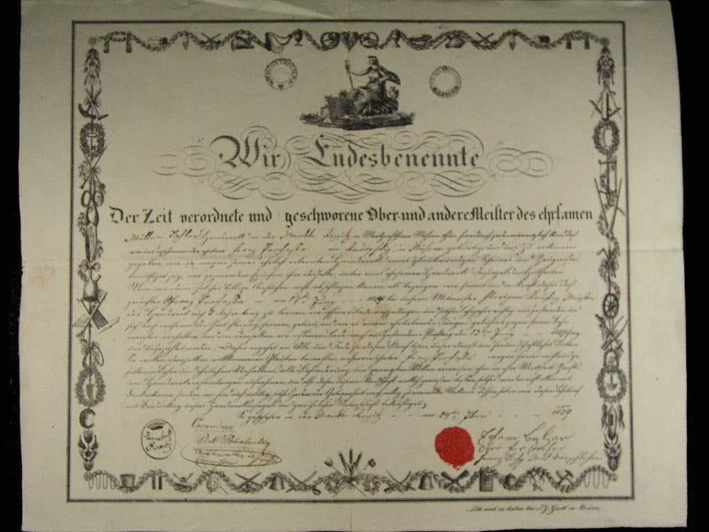 Rosice u Brna (Rossitz), výuční list z roku 1829, dekorativní