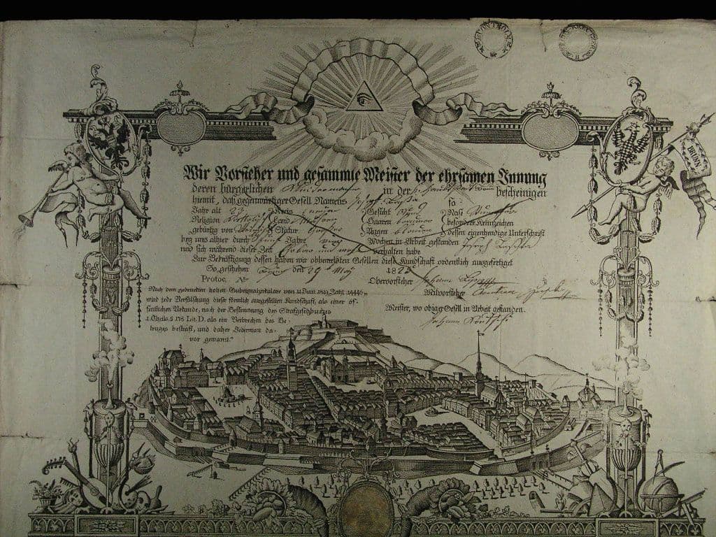 Brno, výuční list z roku 1825 s vedutou Brna s božím okem