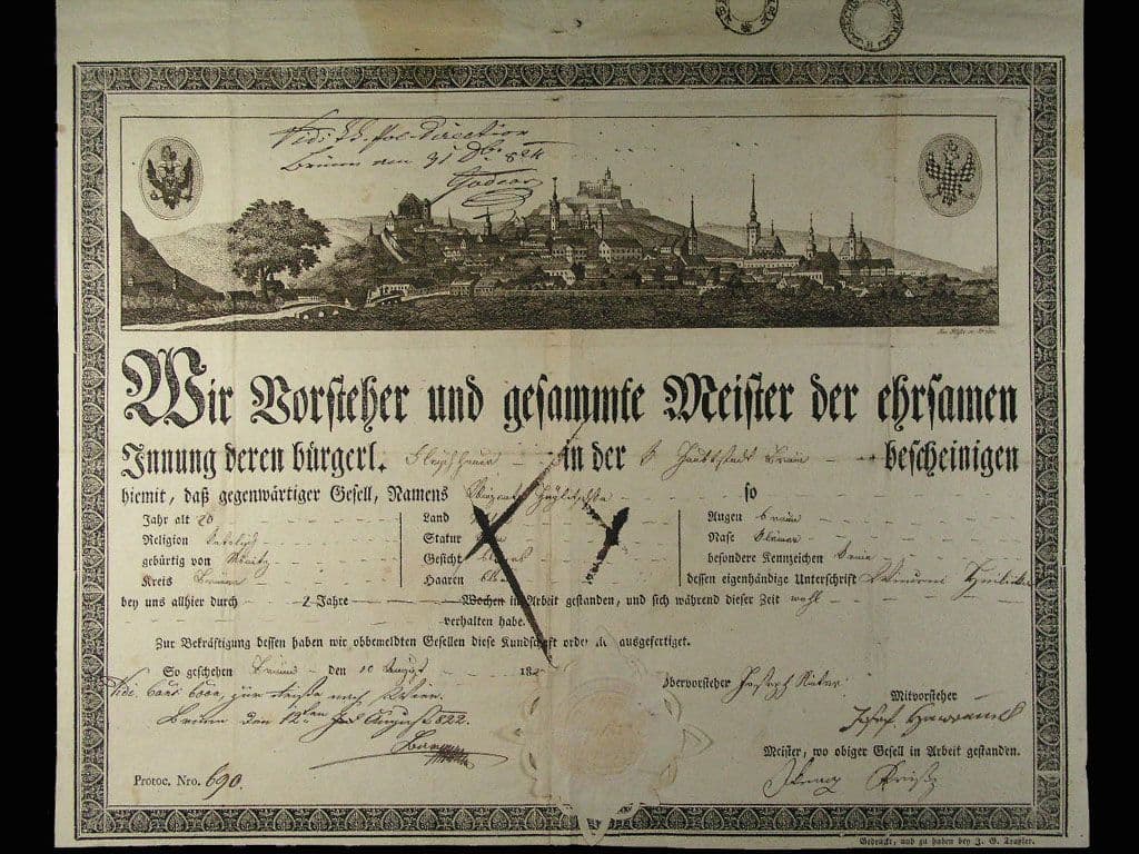 Brno, výuční list z roku 1822 s vedutou Brna