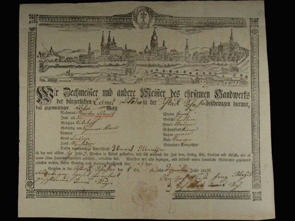 Šala, výuční list z roku 1825 s vedutou Šaly