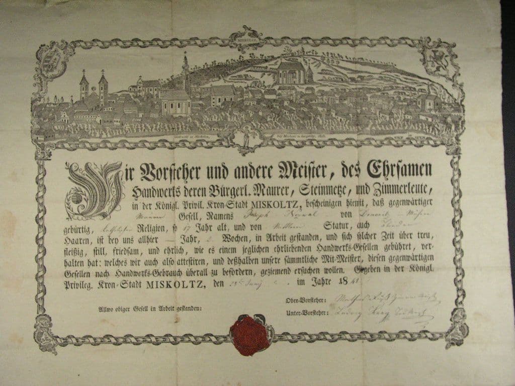 Miskolz, výuční list z roku 1841 s vedutou