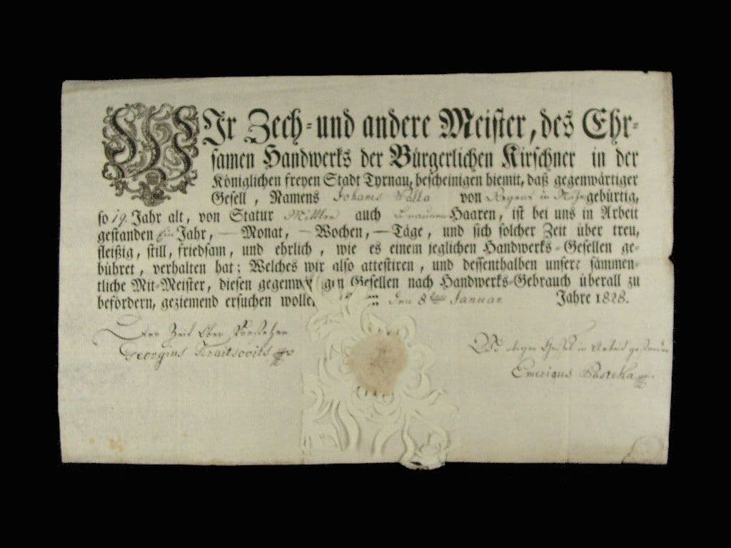 Trnava, výuční list z roku 1828