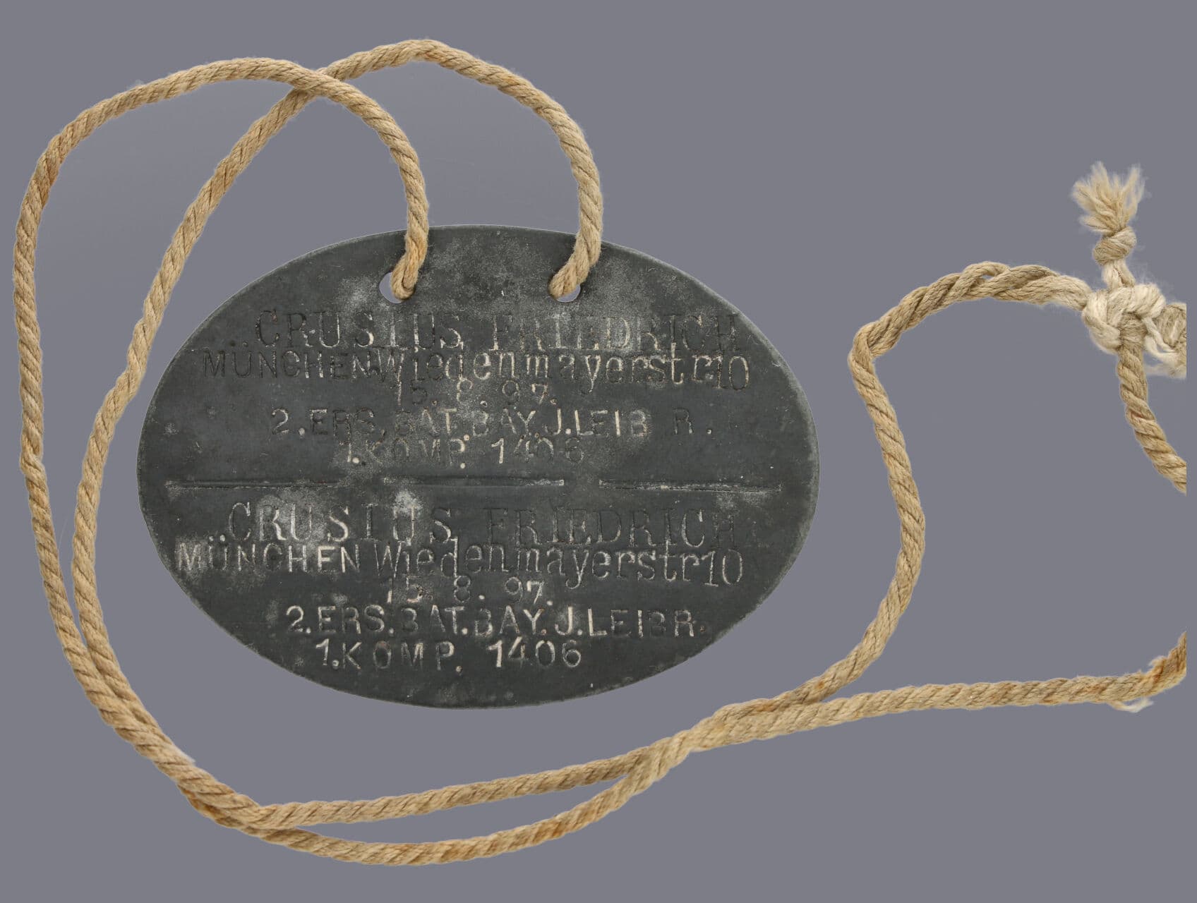 Vojenská identifikační známka 2.ERS.BAT.BAY.J.LEIB R. 1.KOMP.1406