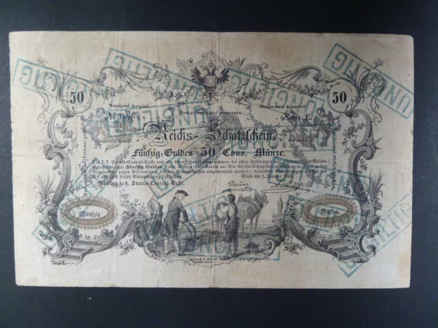 50 Gulden 1.1.1851, Ri. 114, několikrát raz. UNGILTIG, vzácný