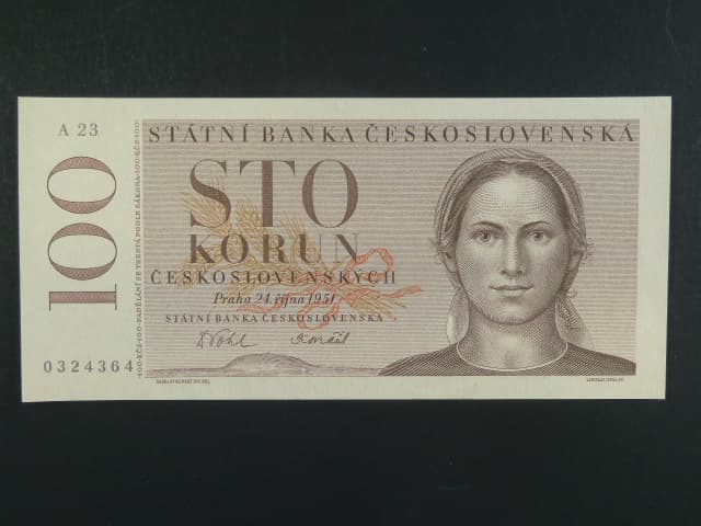 100 Kčs 24.10.1951 nevydaná, série A 23, původní exemplář s černomodrým číslovačem, bezvadná kvalita