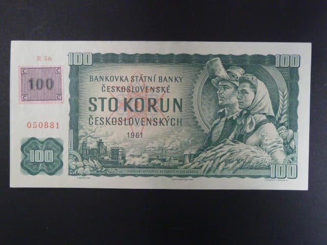 100 Kč 1961 s. R 56, kolek, úzký číslovač 1a, Baj. CZ 1b3, Pi. 1