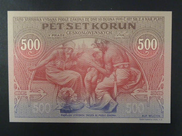 500 Kčs 1919 novotisk vydaný STC pro město Ivančice ke 160.výročí narození Alfonse Muchy v Ivančicích