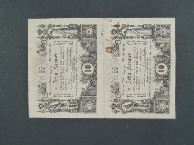 20 Kr (2x10 Kr) 1.11.1860 série G, svislá dvoupáska, průsvitka "REAL -"