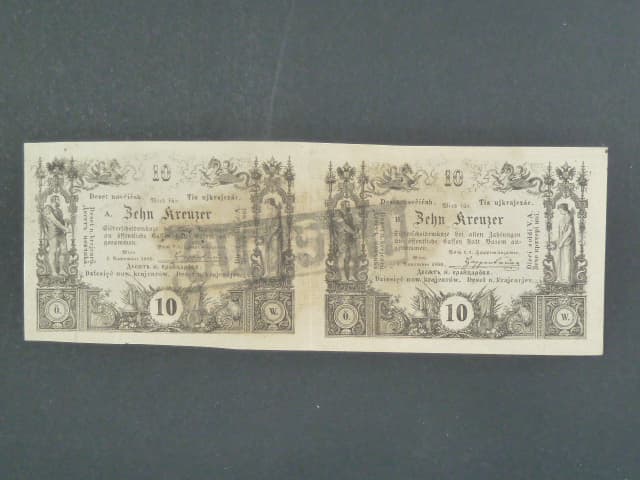 20 Kr (2x10 Kr) 1.11.1860 série A a B, vodorovná dvoupáska s raz. UNGILTIG, průsvitka "K"