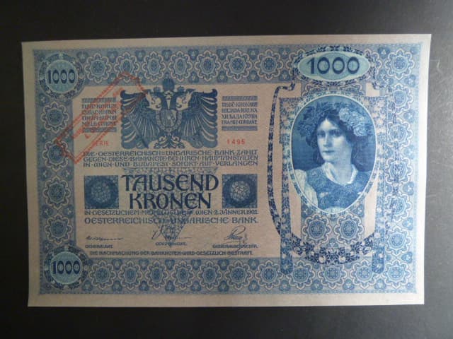 1000 K 2.1.1912 s přetiskem "Ausgegeben nach dem 4.Oktober 1920" série 1495