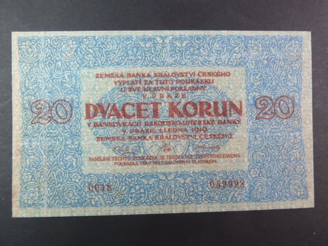 20 K 1919 poukázka království českého, nevydaná, oboustranná