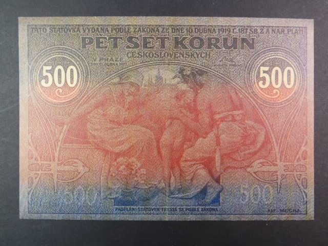 500 Kč 1919, sběratelská kopie ČNS pobočky papírová platidla, oboustranná