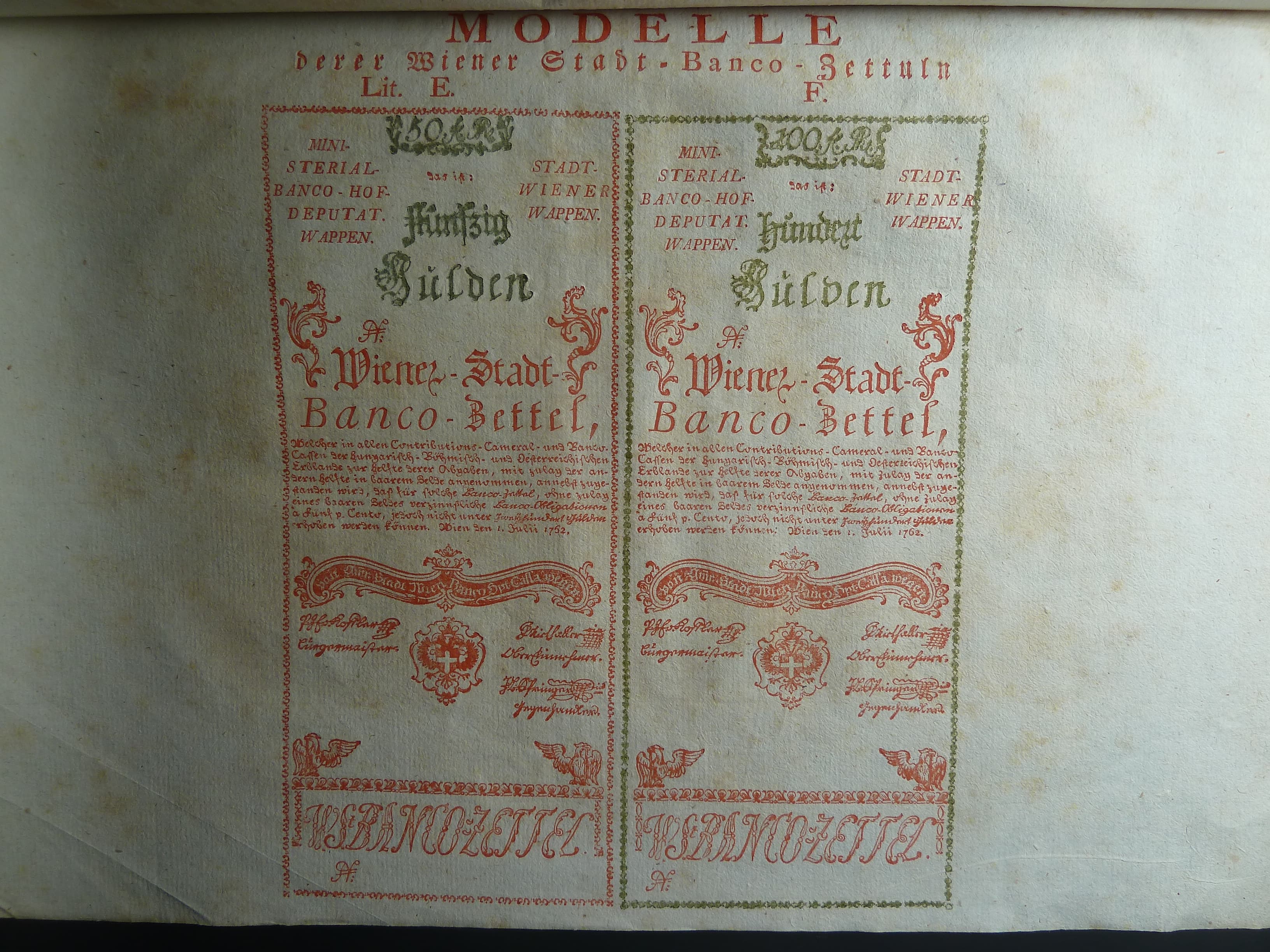 císařský patent Marie Terezie z 15.6.1762 k vydání bankocedulí včetně formulářů 5, 10, 25, 50, 100 Gulden 1.7.1762, Ri. 4 - 8 Fa