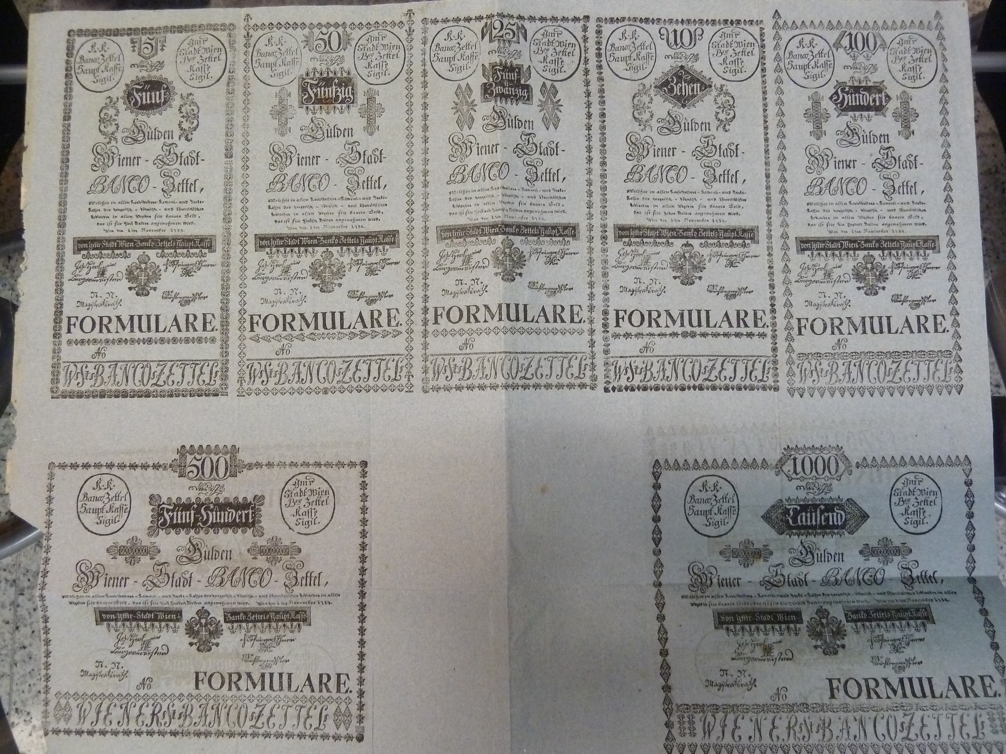 císařský patent Josefa II. z 1.6.1784 k vydání bankocedulí včetně formulářů 5, 10, 25, 50, 100, 500 a 1000 Gulden 1.11.1784, Ri. 16 - 22 Fa