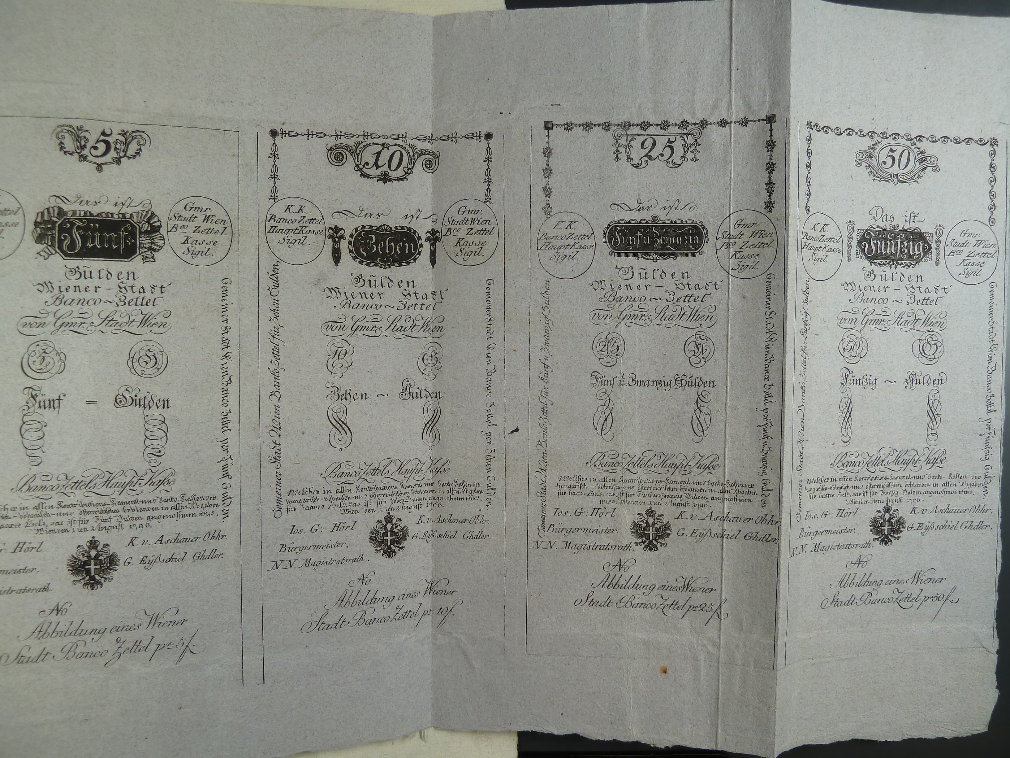 císařský patent Františka I. z 19.8.1796 k vydání bankocedulí včetně formulářů 5, 10, 25, 50 / 100, 500 a 1000 Gulden 1.8.1796, Ri. 23 - 29 Fa