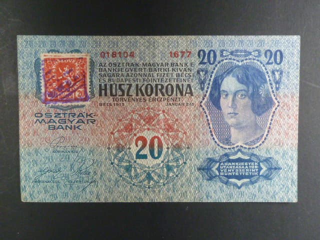 20 K 1913, kolkovaná, I. vydání, padělaný kolek s raz "BÚMF..." Da. 1