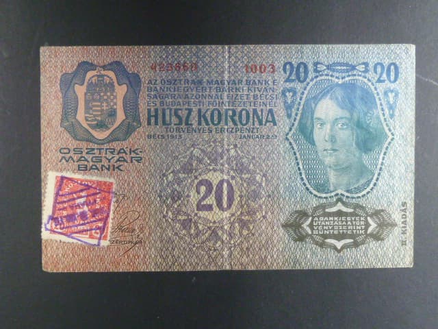 20 K 1913, kolkovaná, II. vydání, padělaný kolek s raz. "BÚMF..." Da. 1