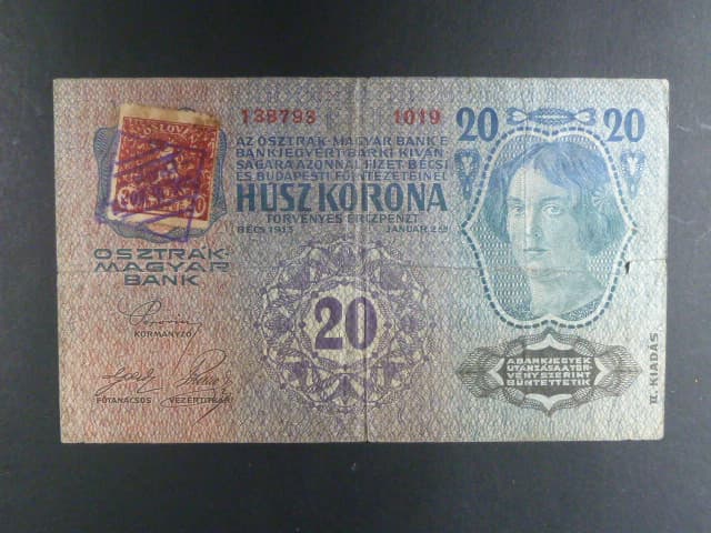 20 K 1913, kolkovaná, II. vydání, padělaný kolek s raz. "BÚMF..." Da. 1