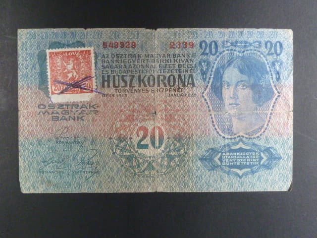 20 K 2.1.1913, Kolkovaná, I. vydání, padělaný kolek se škrtem ink. tužkou