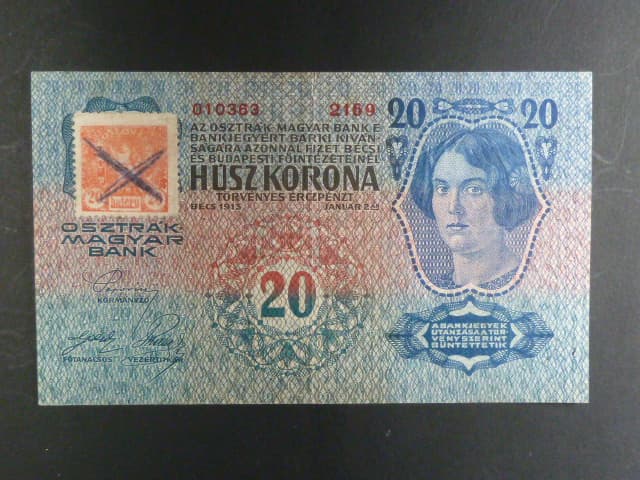 20 K 2.1.1913, Kolkovaná, I. vydání, padělaný kolek se škrtem ink. tužkou
