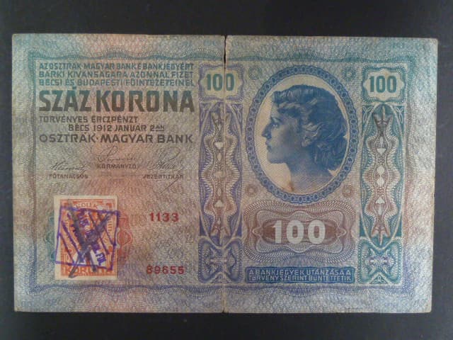 100 K 1912, padělaný kolek s raz. "BÚMF..." Da. 1 + škrt ink. tužkou