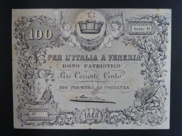 Lombardsko - Benátsko, 100 Lire correnti 1848 - darovací poukázky, Dono Patriotico, Ri. 516