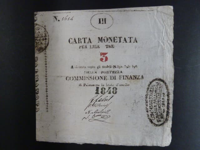 Lombardsko - Benátsko, Palmanova Carta Monetata 3 Lire 1848, Ri. B49b