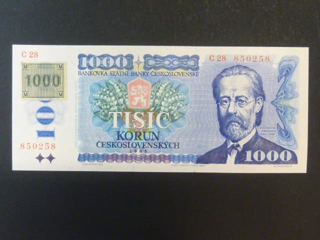 1000 Kč 1985/1993 série C 28, kolek lepený, sériové čísla blíž u sebe