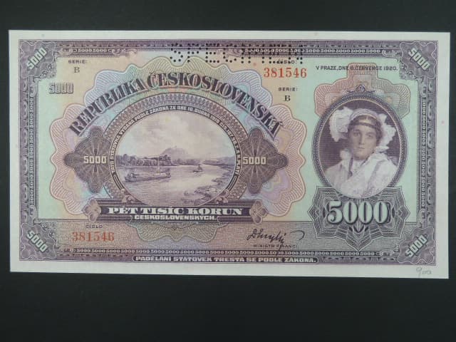 5000 Kč 1920 série B, perf. SPECIMEN