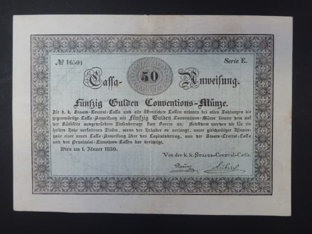 50 Gulden 1.1.1850 série E, Ri. 105, extrémně vzácný, krásný stav