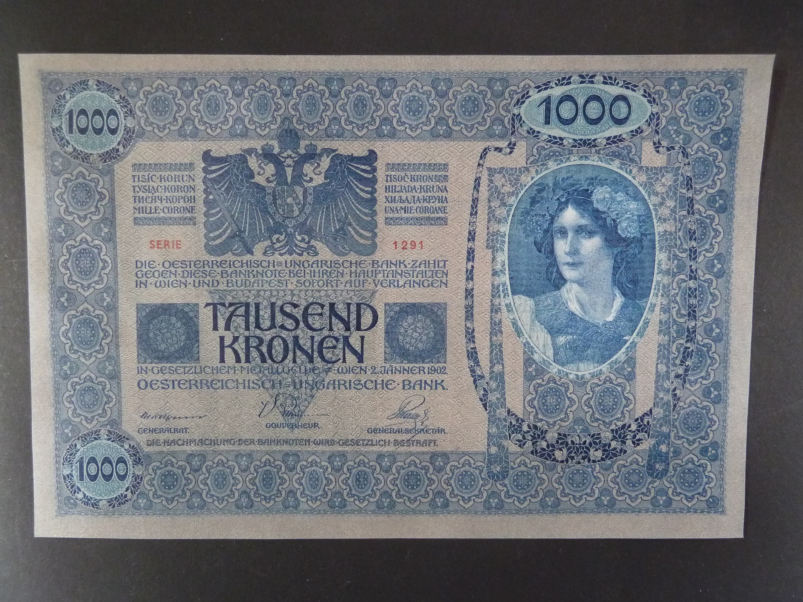 1000 K 2.1.1902 série 1291 šedý podtisk, Ri. 152a