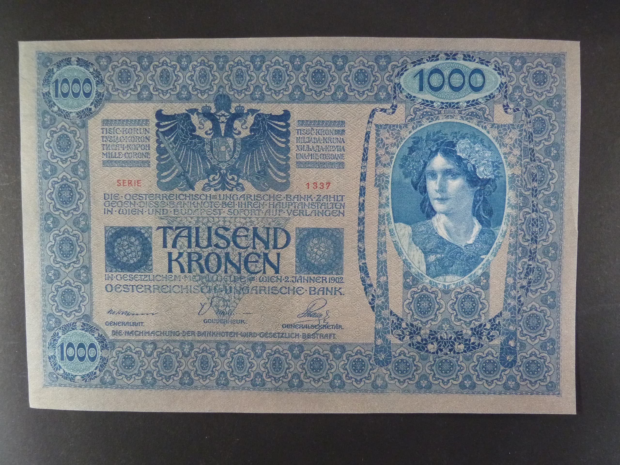 1000 K 2.1.1902 série 1337 šedý podtisk, Ri. 152a