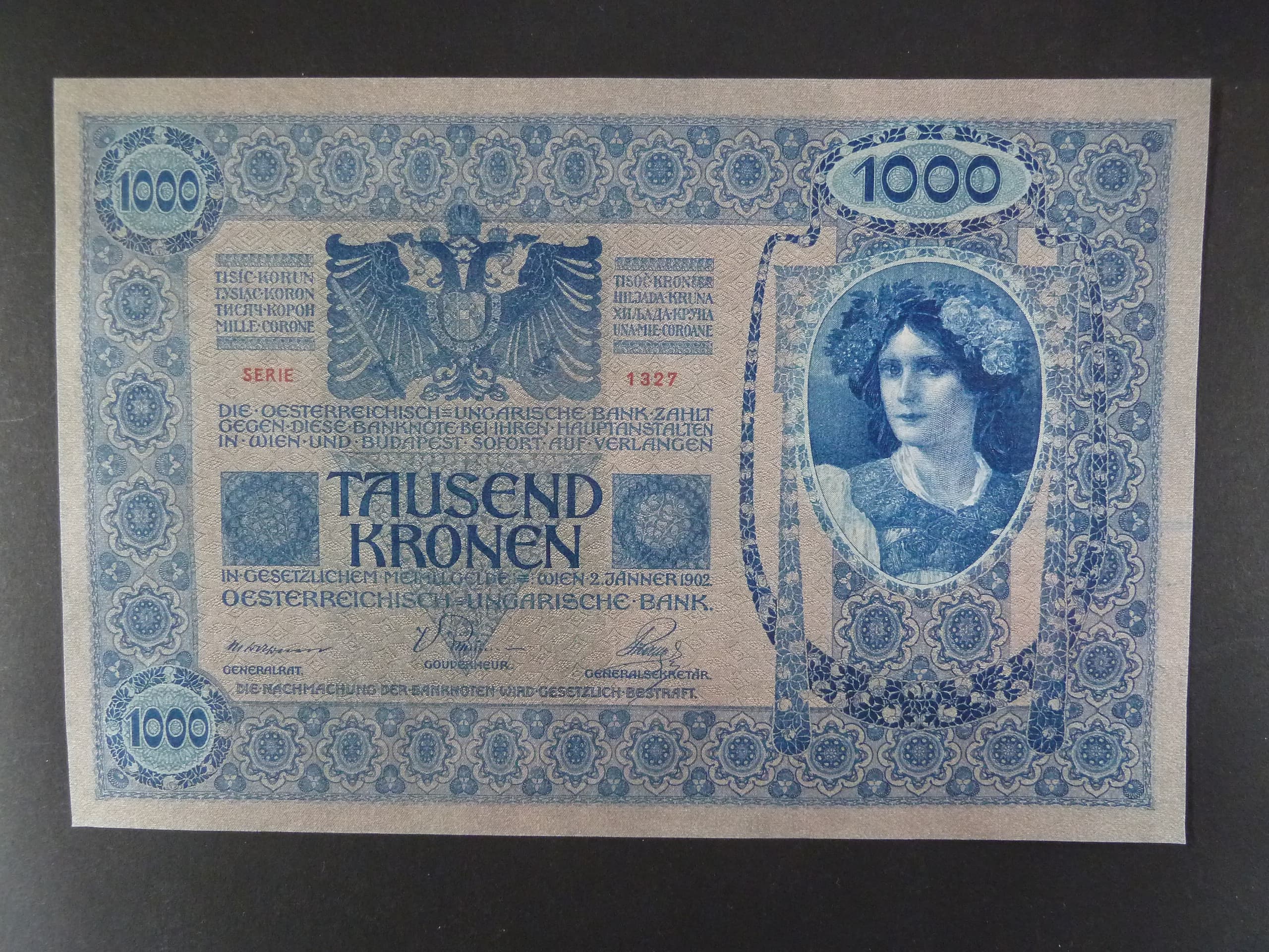 1000 K 2.1.1902 série 1327 růžový podtisk, Ri. 152b