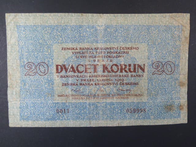 nevydaná 20 Kč 1.1.1919 poukázka Zemské banky království českého v Praze od A. Muchy, zcela dokončený oboustranný exemplář se sérií 0011 a číslem 059998, velmi vzácná, Ba. ZB 2a
