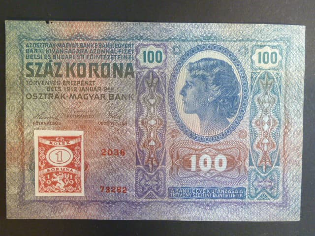 100 K 1912, padělek - s nesprávným úředním kolkem 1 K 1919, nepatrně vykousnutý okraj