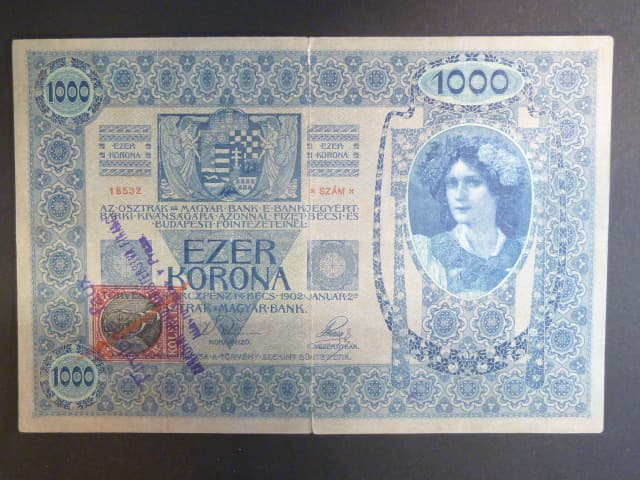 1000 K 2.1.1902, kolkovaná - padelany kolek s raz. Timbre faux (fialové) + BÚMF + škrt červenou tužkou, Da. 9 + 3