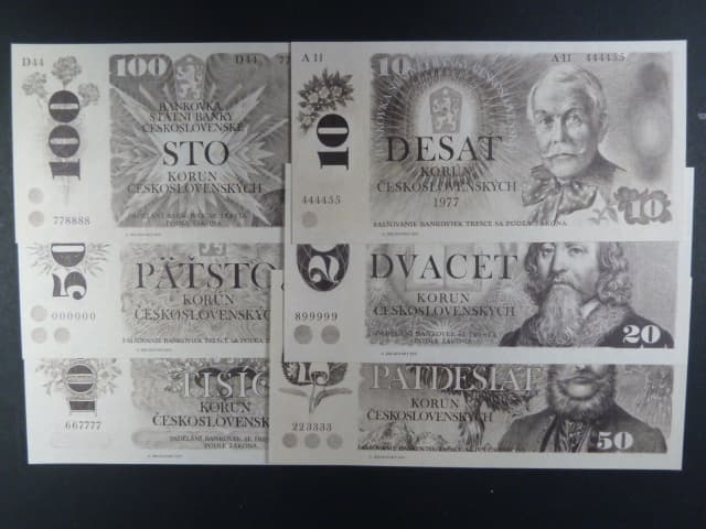 Pamětní tisky STC ke 100.výročí měny s nerealizovanými návrhy 10, 20, 50, 100, 500 a 1000 Kčs z 80-tých let od Albína Brunovskéno, papír s vodoznakem, číslované
